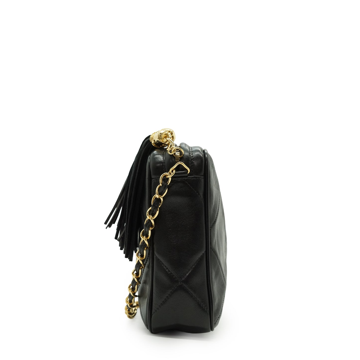 CC Lambskin Fringe Diamond-Quilted Chain Shoulder Camera Bag