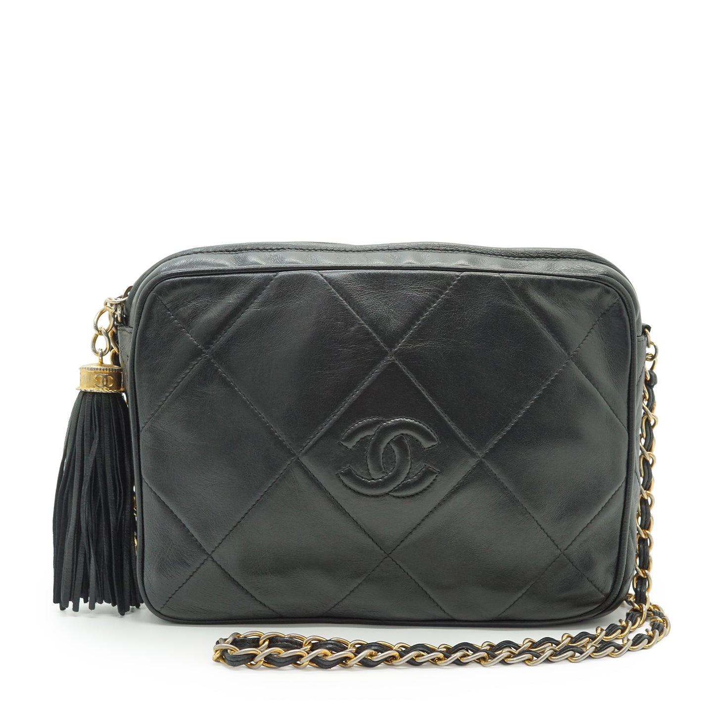 CC Lambskin Fringe Diamond-Quilted Chain Shoulder Camera Bag