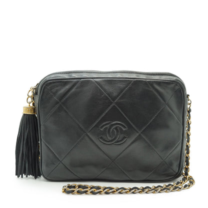 CC Lambskin Fringe Diamond-Quilted Chain Shoulder Camera Bag