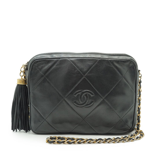 CC Lambskin Fringe Diamond-Quilted Chain Shoulder Camera Bag