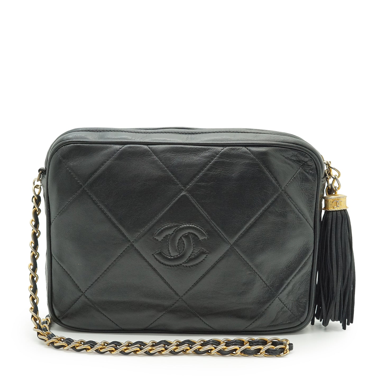 CC Lambskin Fringe Diamond-Quilted Chain Shoulder Camera Bag