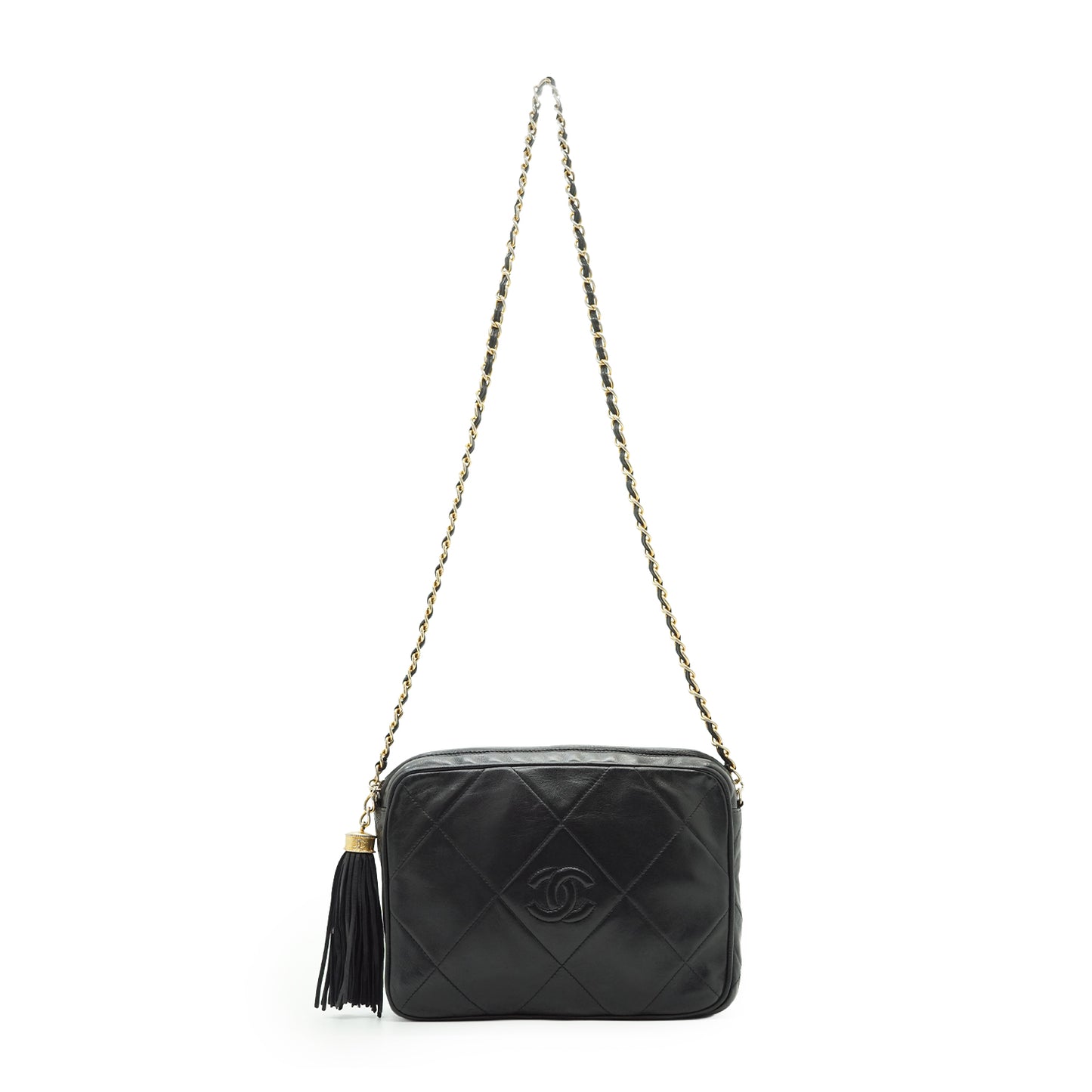 CC Lambskin Fringe Diamond-Quilted Chain Shoulder Camera Bag