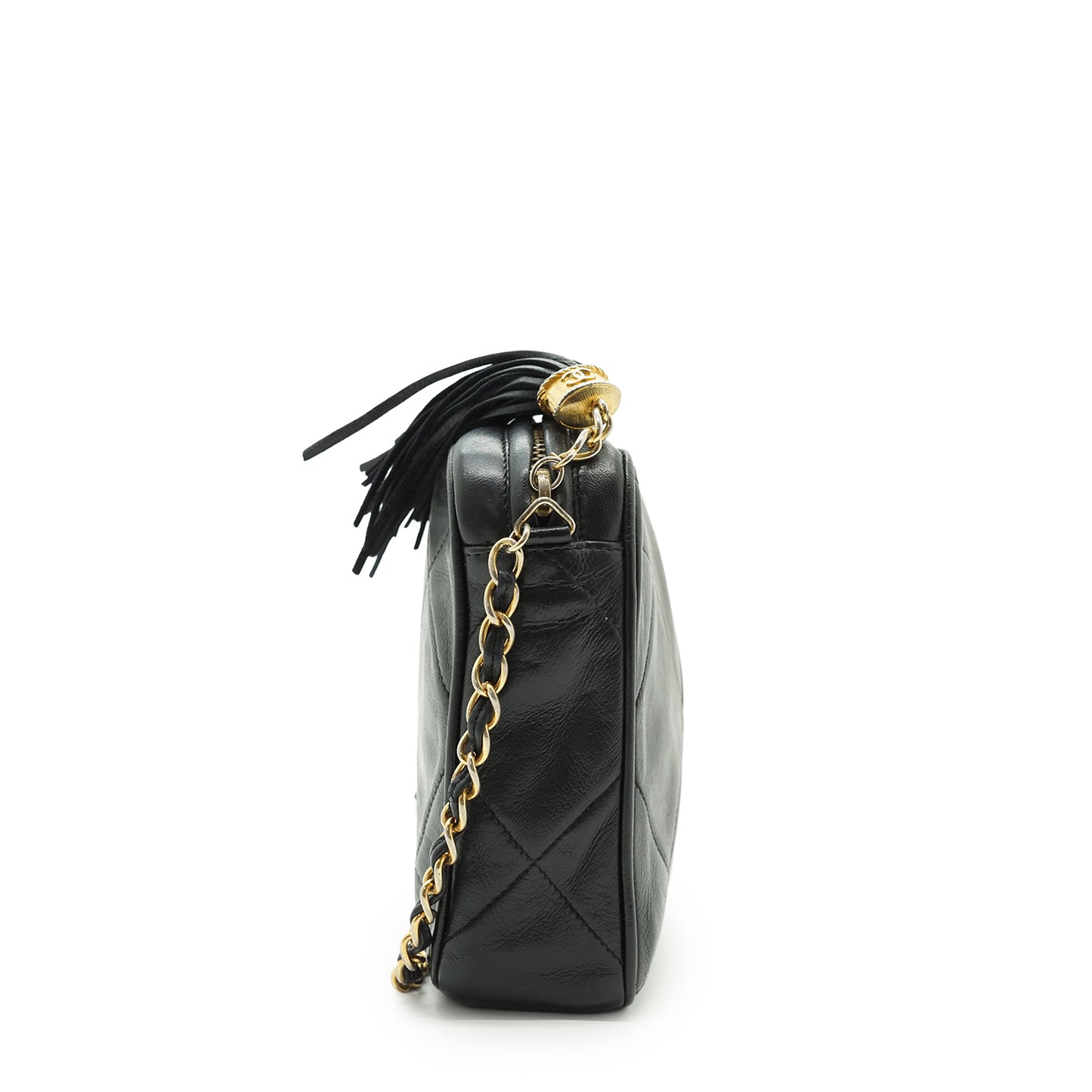 CC Lambskin Fringe Diamond-Quilted Chain Shoulder Camera Bag