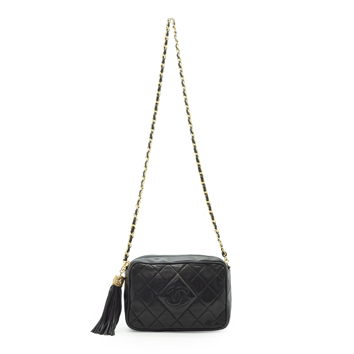CC Lambskin Fringe Diamond-Quilted Small Chain Shoulder Camera Bag