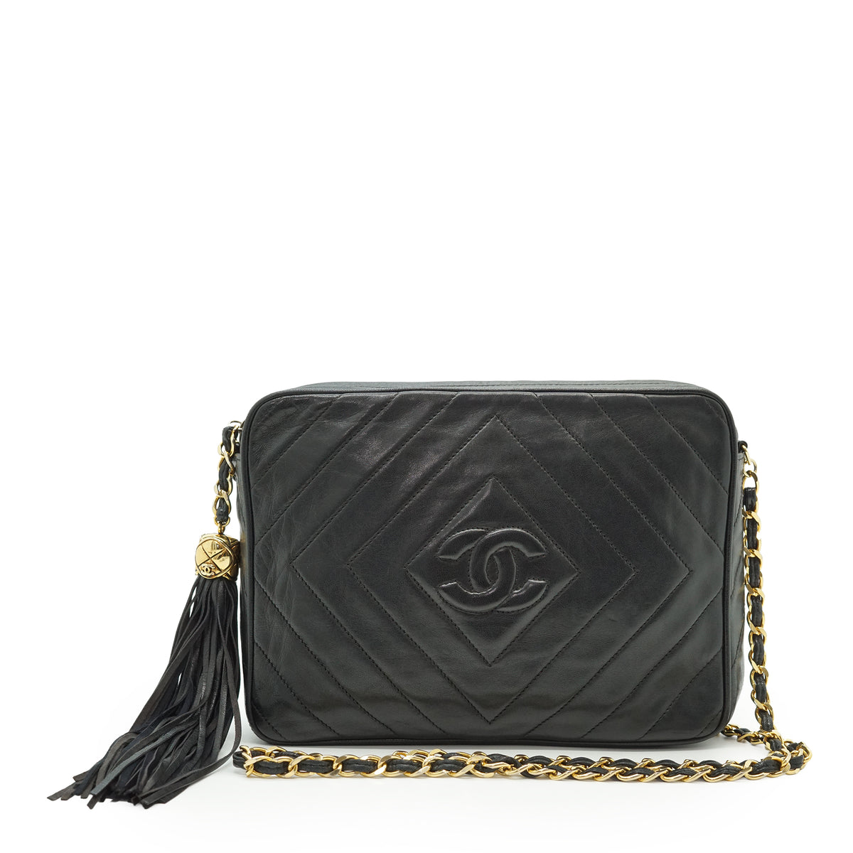CC Lambskin Fringe Diamond-Stitching Chain Shoulder Camera Bag