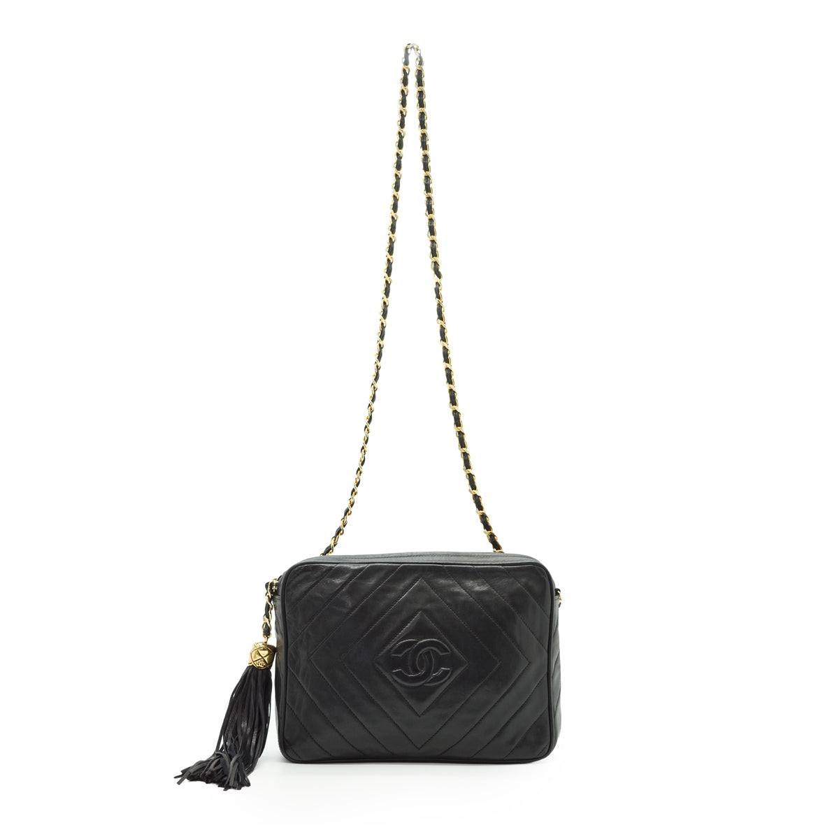 CC Lambskin Fringe Diamond-Stitching Chain Shoulder Camera Bag