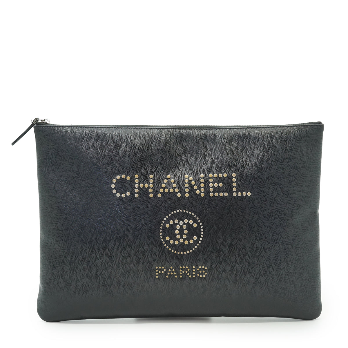 CC Studded Deauville O-Case Caviar Skin Clutch