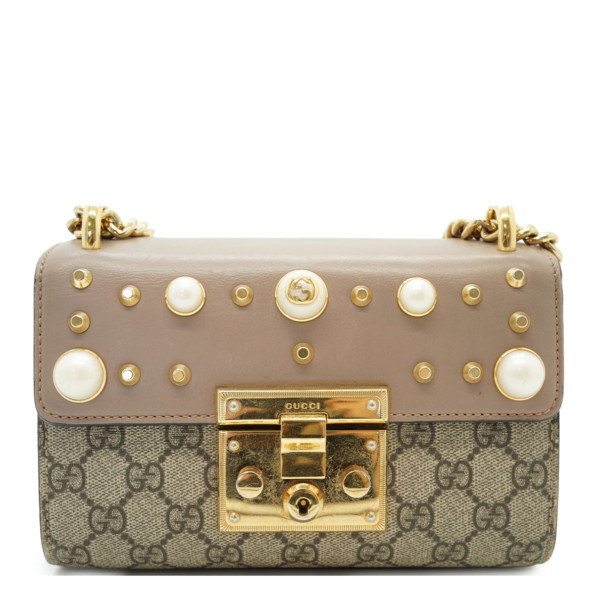 GG Supreme Studded Padlock Pearl-Embellished Small Chain Shoulder Bag