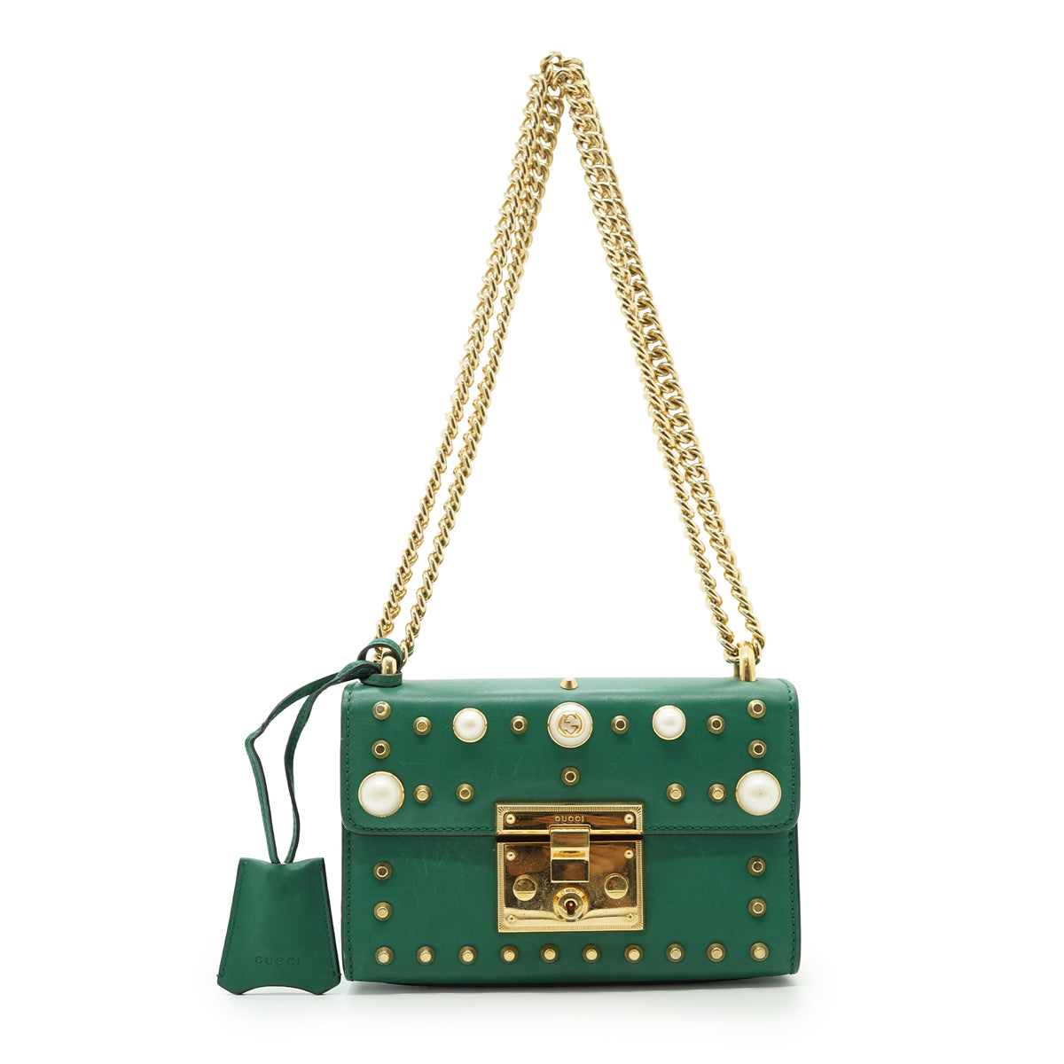 Studded Padlock Faux Pearl-Embellished Small Chain Shoulder Bag