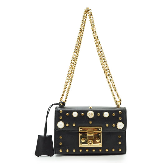 Studded Padlock Faux Pearl-Embellished Small Chain Shoulder Bag