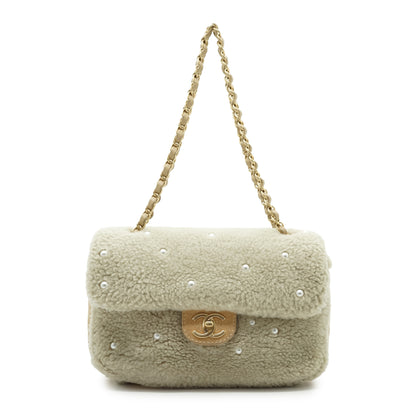 Pearl-Embellished Shearling Chain Flap Shoulder Bag