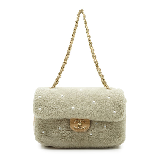 Pearl-Embellished Shearling Chain Flap Shoulder Bag