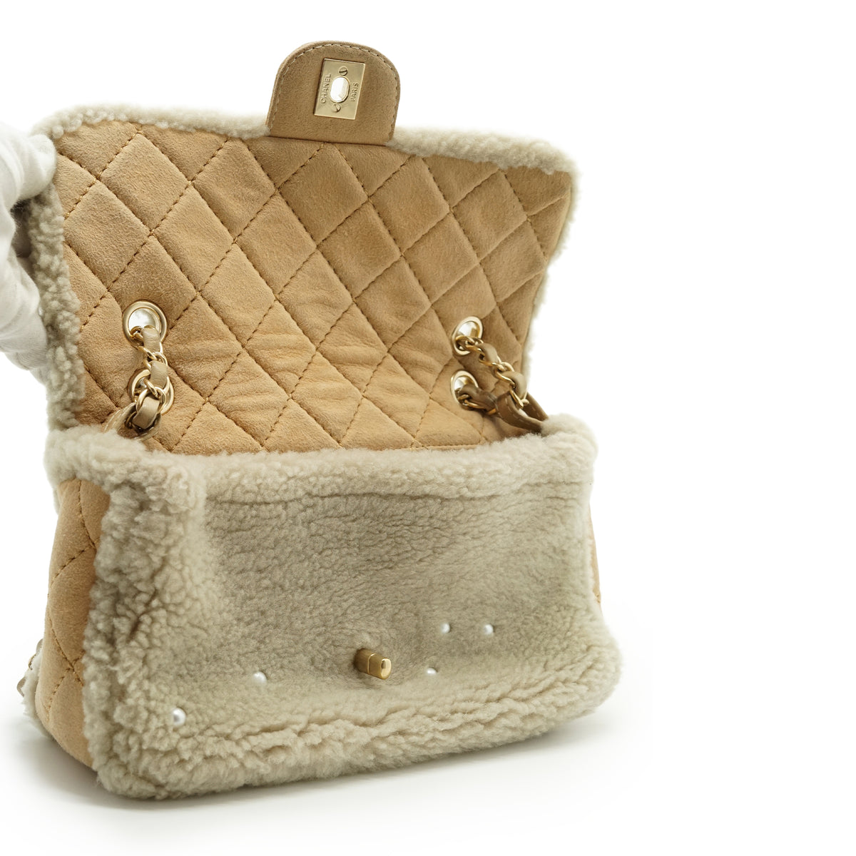 Pearl-Embellished Shearling Chain Flap Shoulder Bag