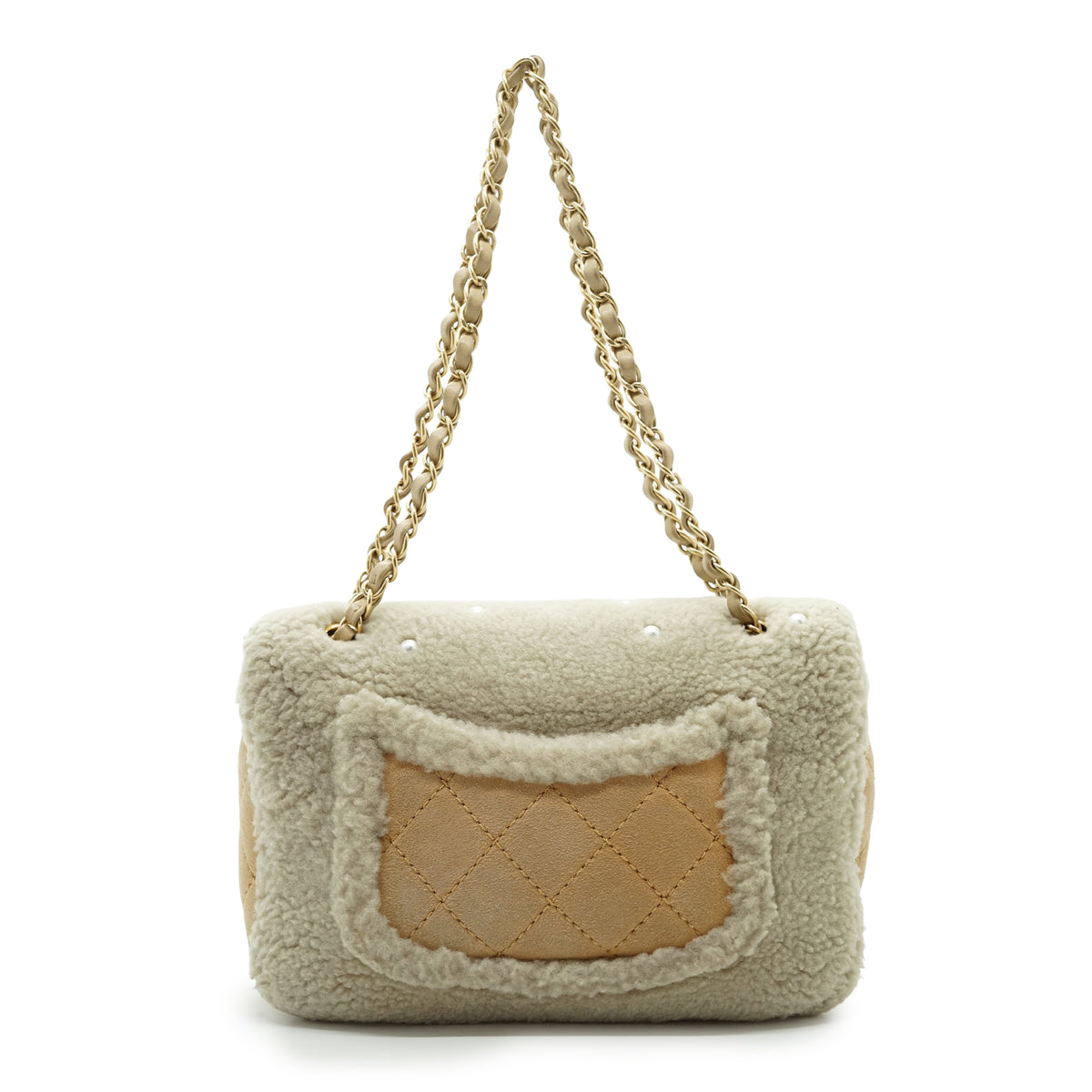 Pearl-Embellished Shearling Chain Flap Shoulder Bag