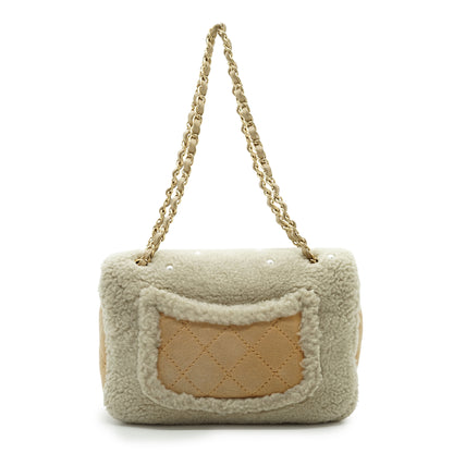 Pearl-Embellished Shearling Chain Flap Shoulder Bag