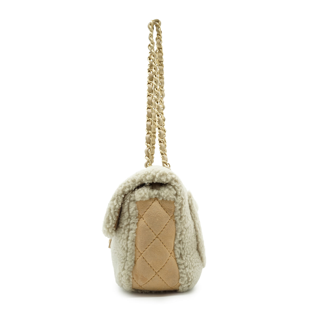 Pearl-Embellished Shearling Chain Flap Shoulder Bag