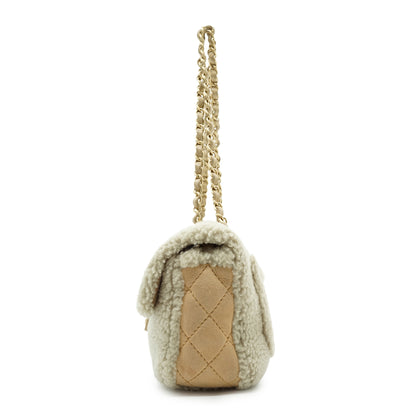 Pearl-Embellished Shearling Chain Flap Shoulder Bag