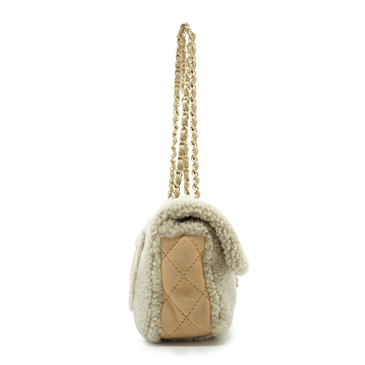 Pearl-Embellished Shearling Chain Flap Shoulder Bag