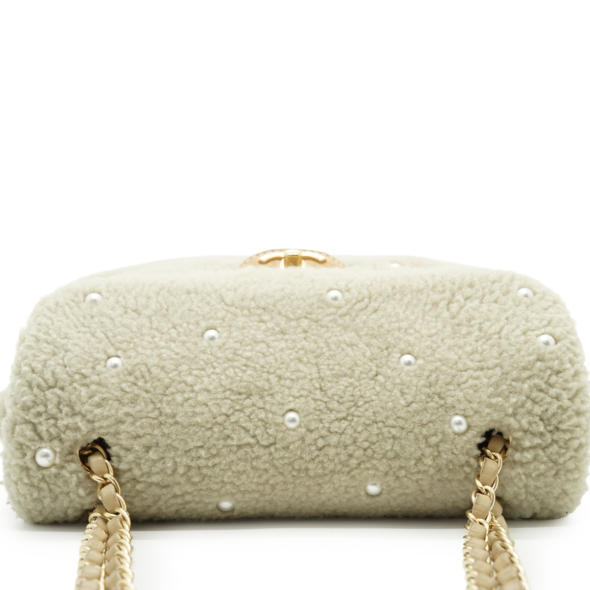Pearl-Embellished Shearling Chain Flap Shoulder Bag