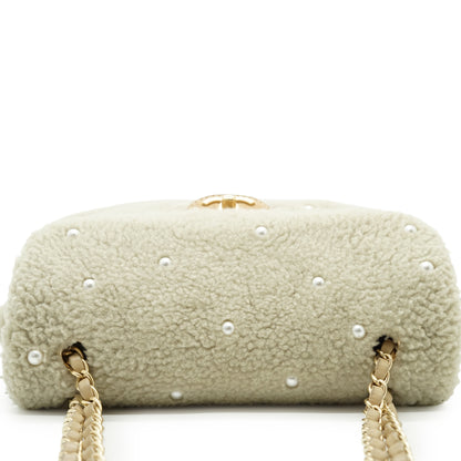 Pearl-Embellished Shearling Chain Flap Shoulder Bag