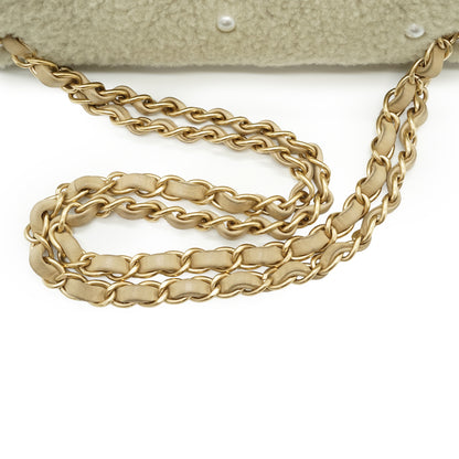 Pearl-Embellished Shearling Chain Flap Shoulder Bag