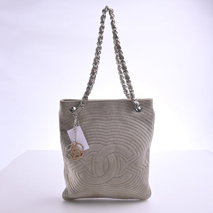 Suede Camellia Chain Tote, Silver Hardware, Grey, Series 9