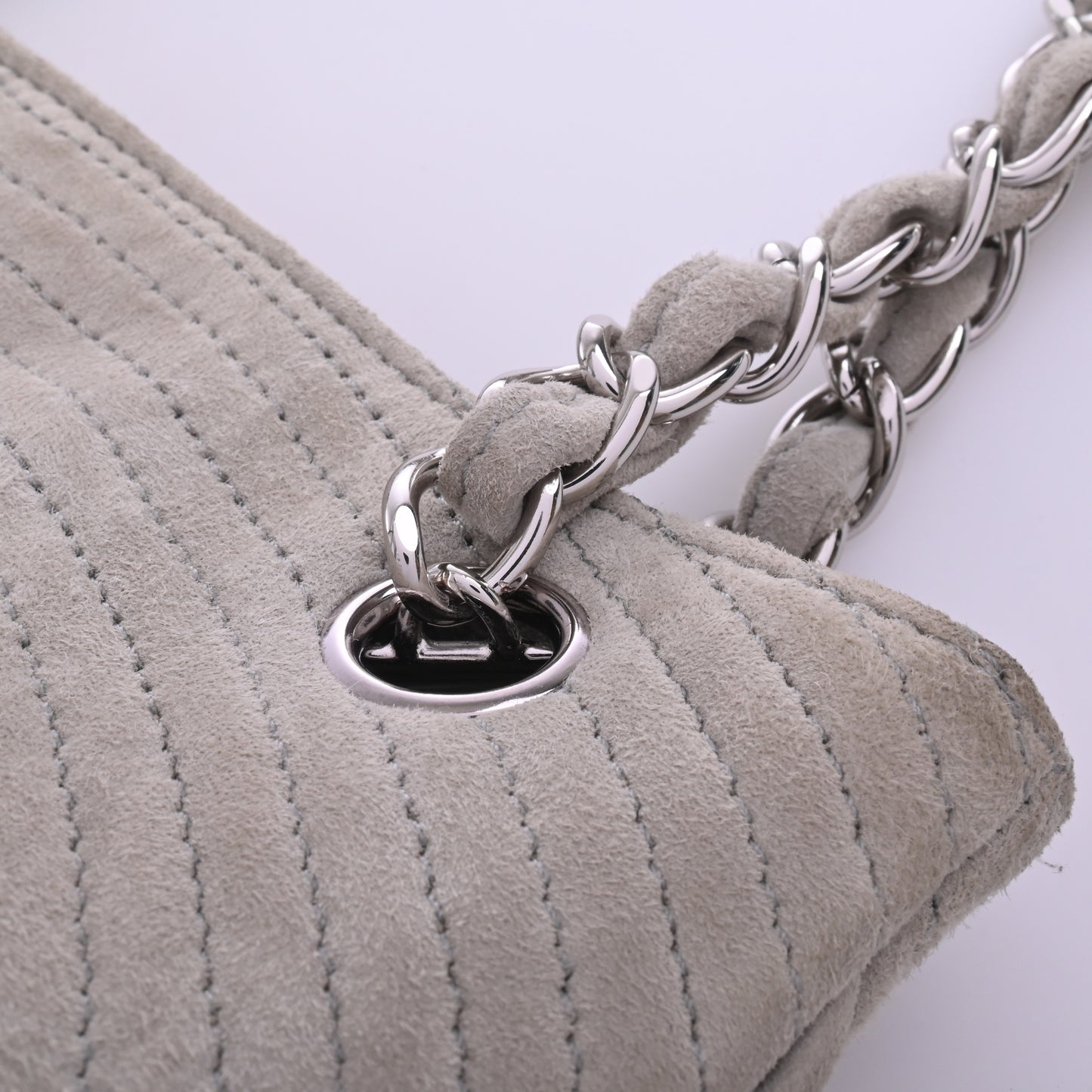 Suede Camellia Chain Tote, Silver Hardware, Grey, Series 9