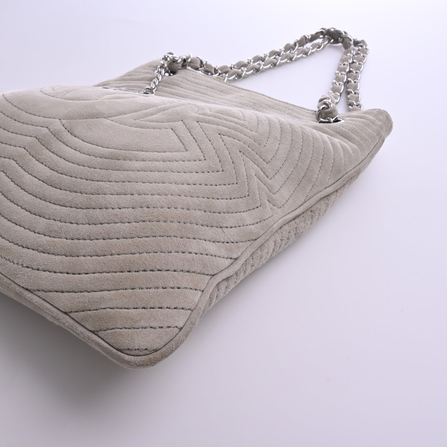 Suede Camellia Chain Tote, Silver Hardware, Grey, Series 9