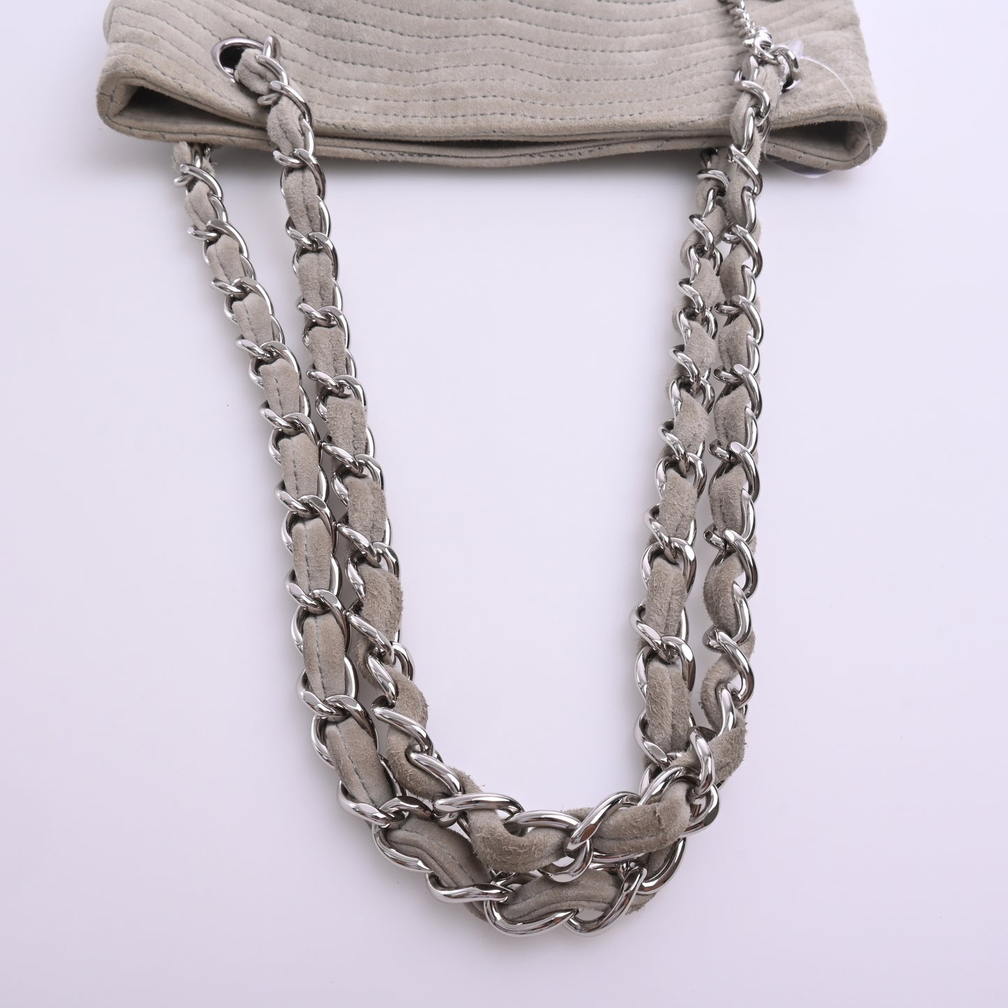 Suede Camellia Chain Tote, Silver Hardware, Grey, Series 9