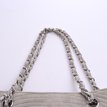 Suede Camellia Chain Tote, Silver Hardware, Grey, Series 9