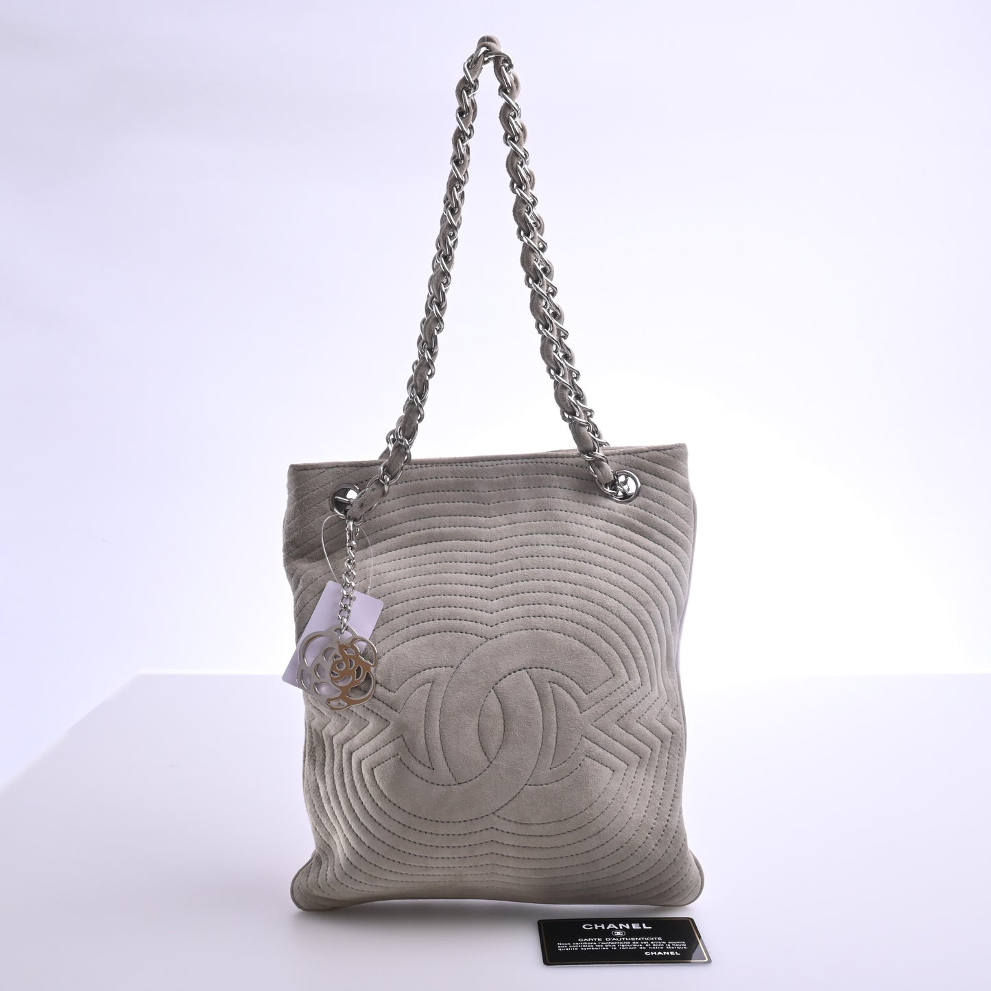 Suede Camellia Chain Tote, Silver Hardware, Grey, Series 9