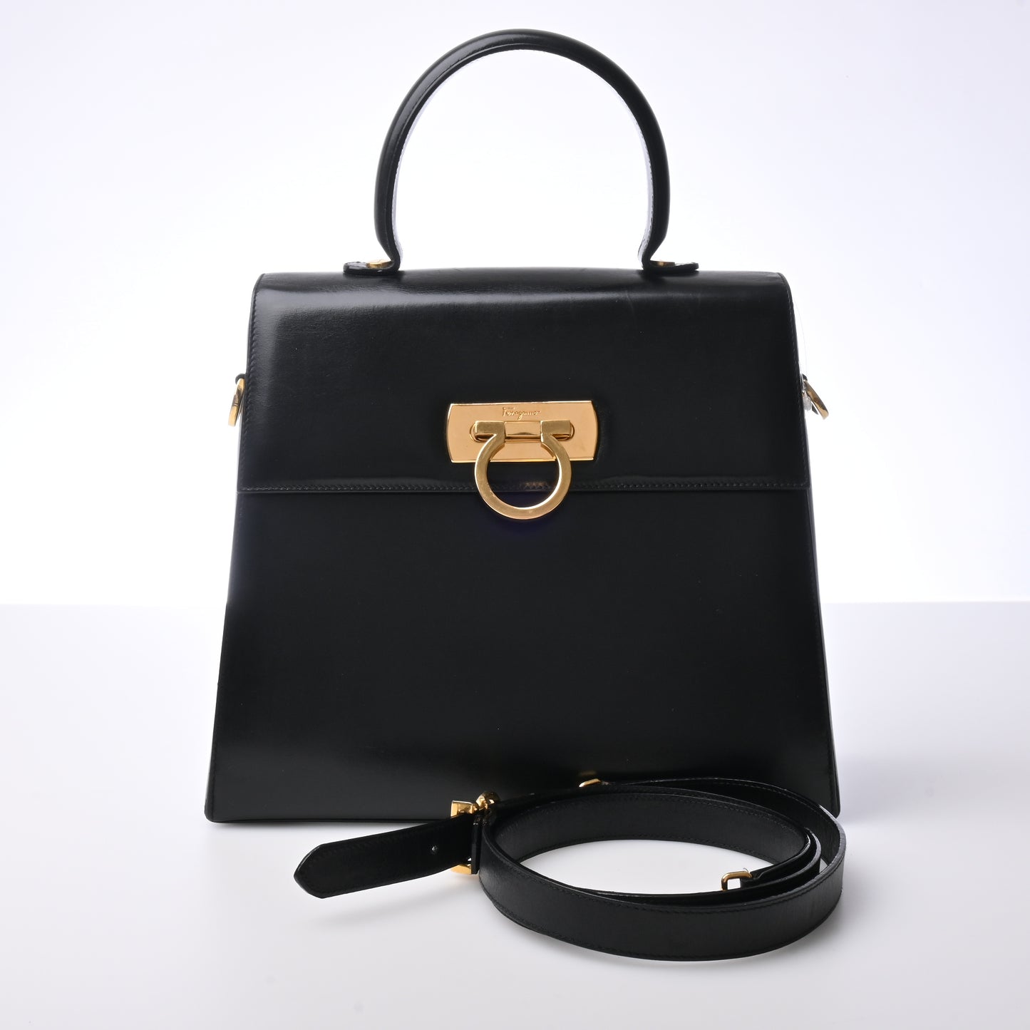 Gancini Leather 2WAY Shoulder Bag Black