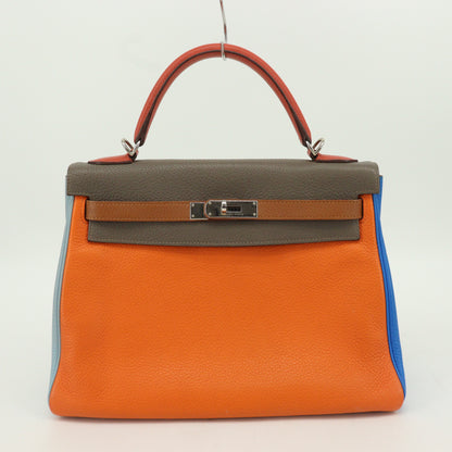 Taurillon Clemence Arlequin Kelly 32 Orange Etain Sanguine P engraved SV metal fittings Inner stitching