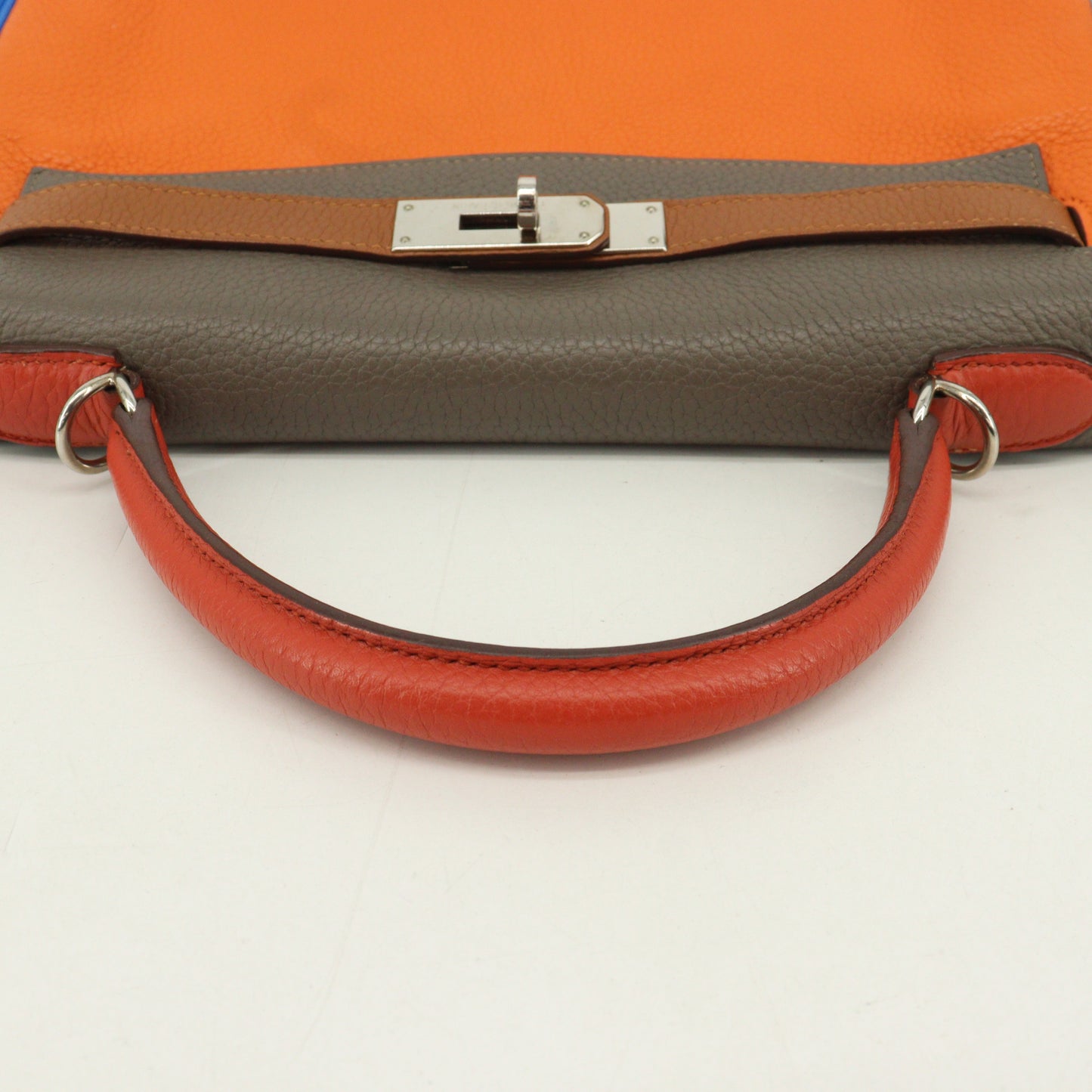 Taurillon Clemence Arlequin Kelly 32 Orange Etain Sanguine P engraved SV metal fittings Inner stitching