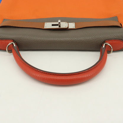 Taurillon Clemence Arlequin Kelly 32 Orange Etain Sanguine P engraved SV metal fittings Inner stitching