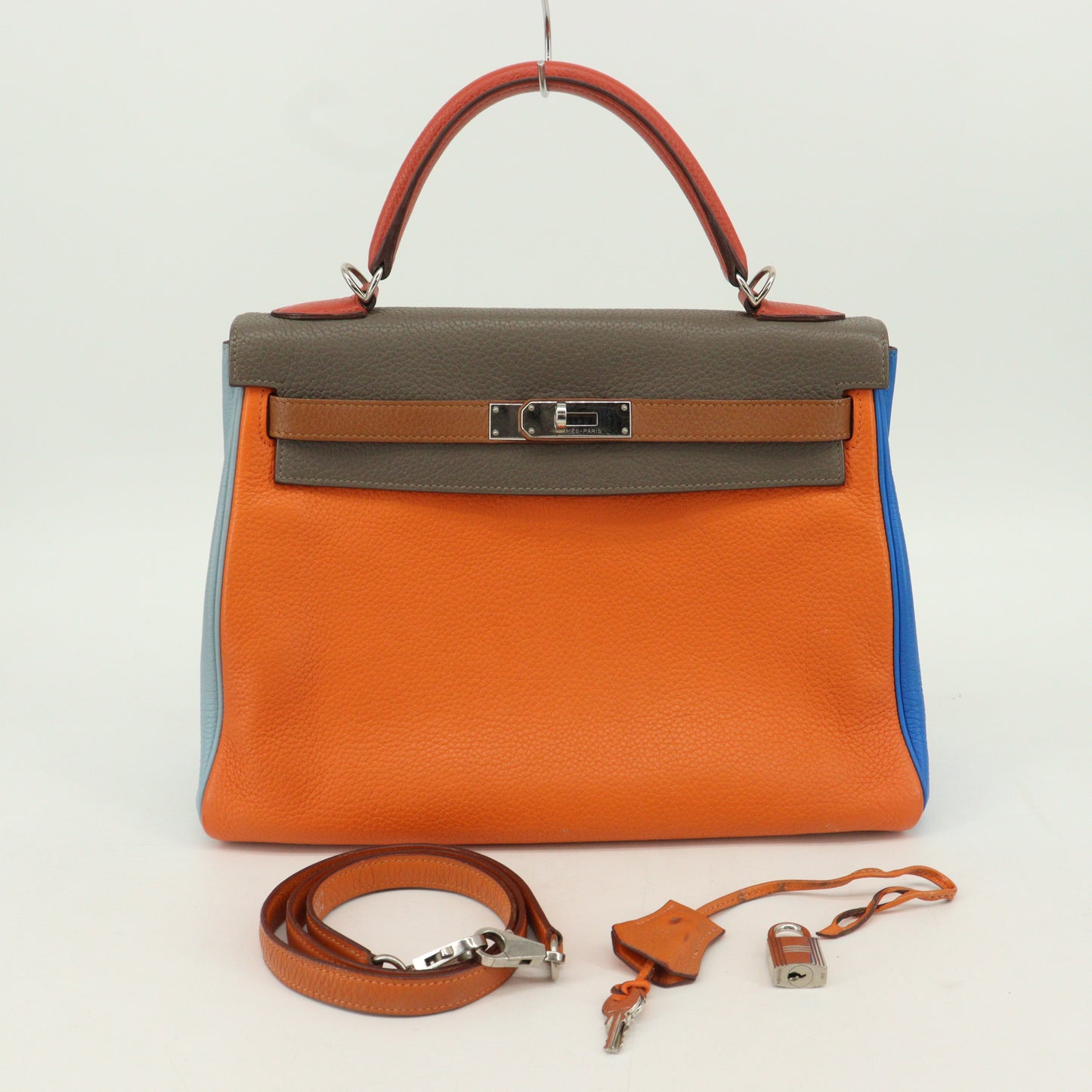 Taurillon Clemence Arlequin Kelly 32 Orange Etain Sanguine P engraved SV metal fittings Inner stitching