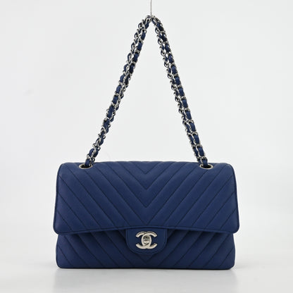 Caviar Skin V-Stitch Matelasse W-Flap W-Chain Shoulder Silver Metal Fittings Navy 25 Series