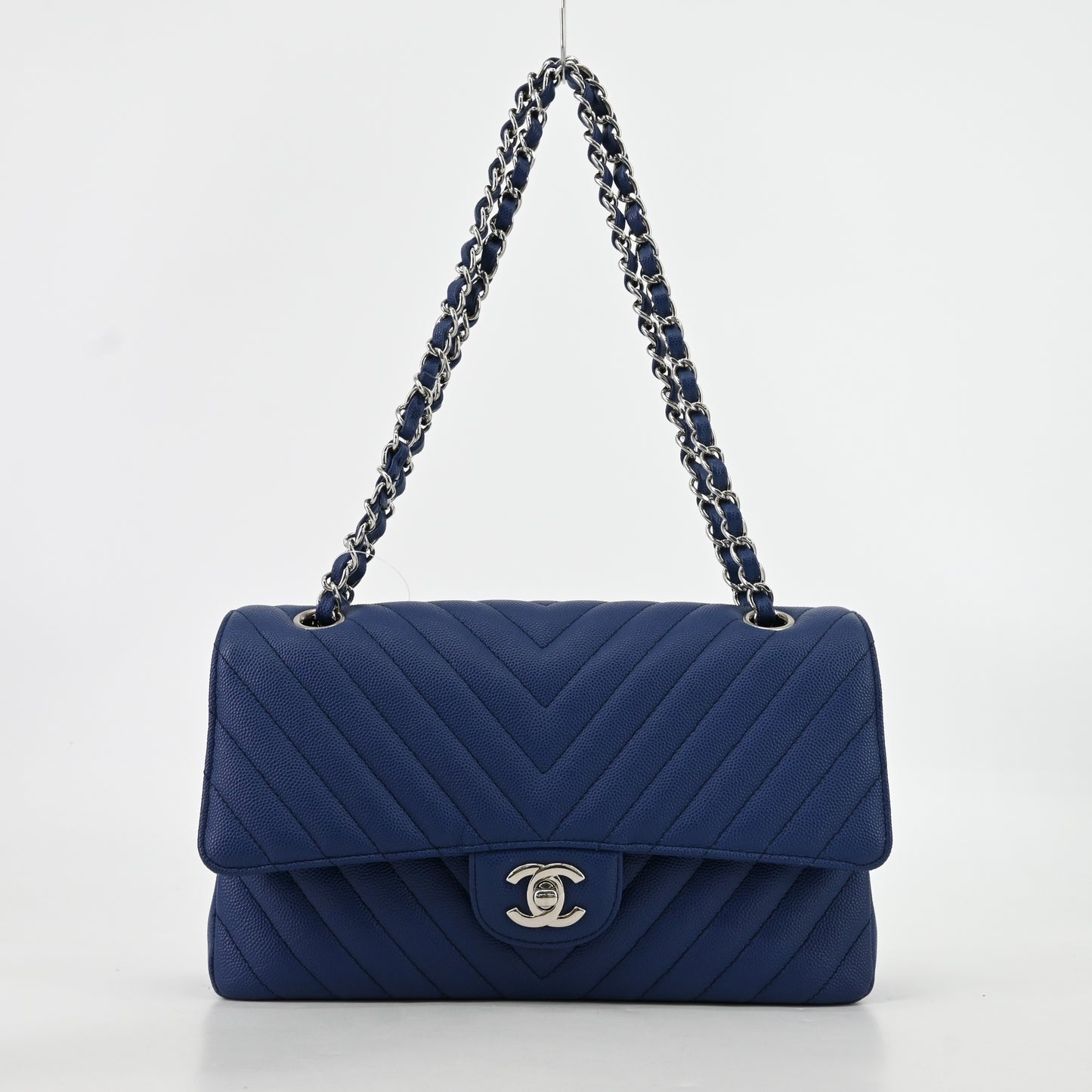 Caviar Skin V-Stitch Matelasse W-Flap W-Chain Shoulder Silver Metal Fittings Navy 25 Series