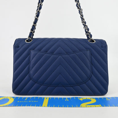 Caviar Skin V-Stitch Matelasse W-Flap W-Chain Shoulder Silver Metal Fittings Navy 25 Series