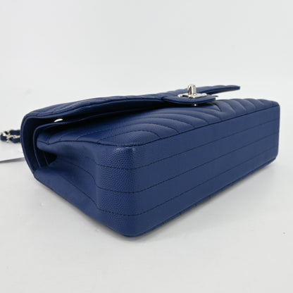 Caviar Skin V-Stitch Matelasse W-Flap W-Chain Shoulder Silver Metal Fittings Navy 25 Series