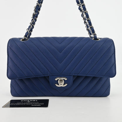 Caviar Skin V-Stitch Matelasse W-Flap W-Chain Shoulder Silver Metal Fittings Navy 25 Series