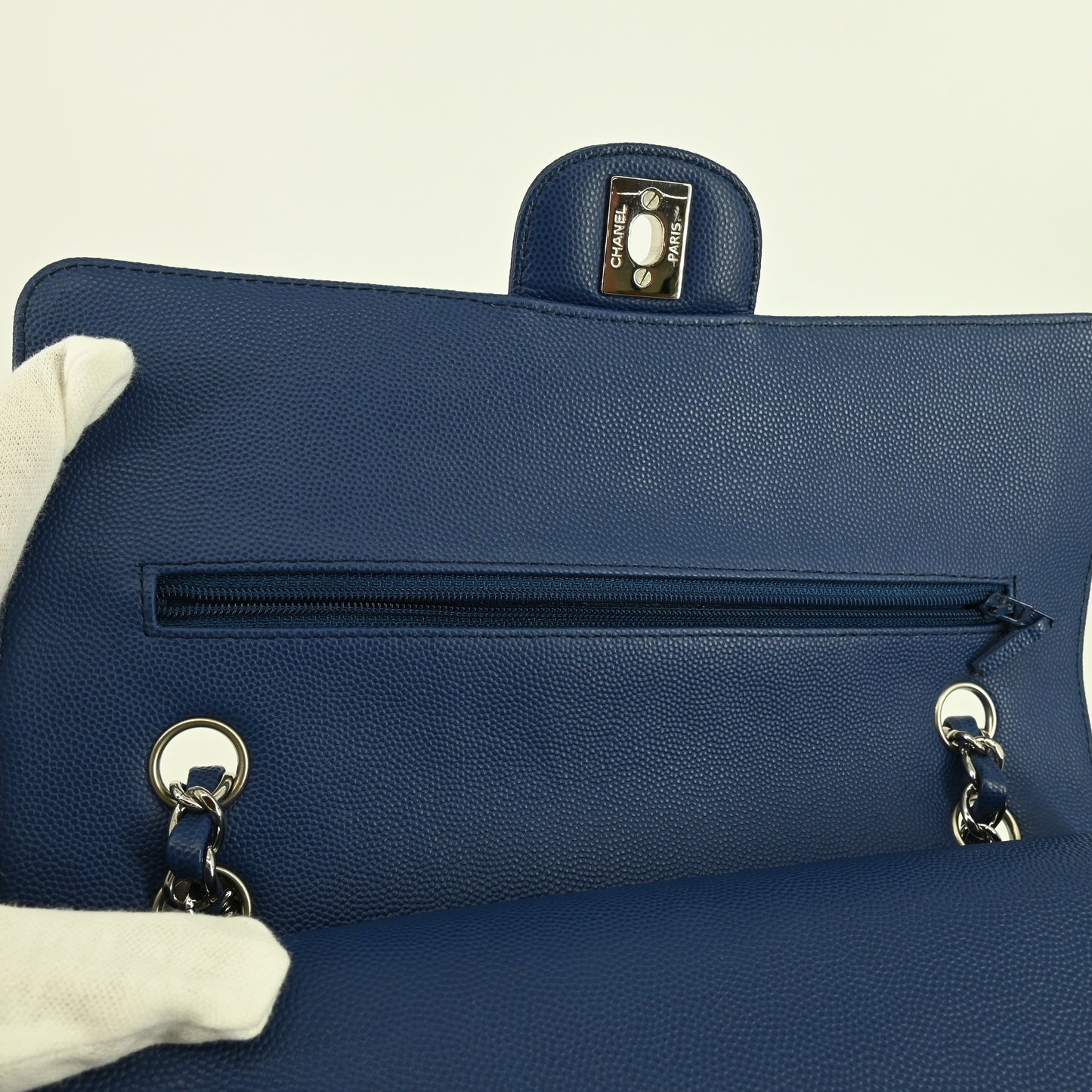 Caviar Skin V-Stitch Matelasse W-Flap W-Chain Shoulder Silver Metal Fittings Navy 25 Series