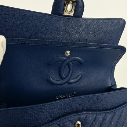 Caviar Skin V-Stitch Matelasse W-Flap W-Chain Shoulder Silver Metal Fittings Navy 25 Series