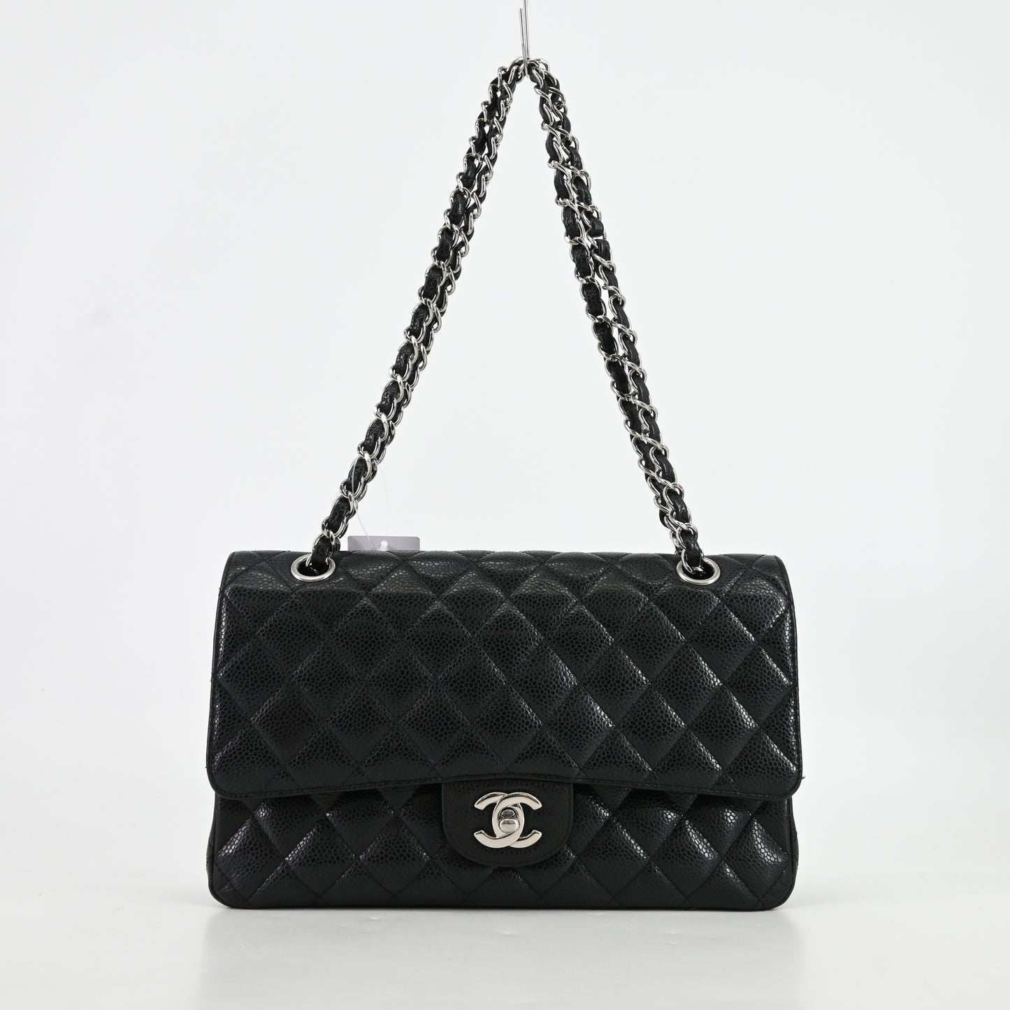 Caviar skin, matelassé, double flap, double chain shoulder bag, silver hardware, 13th series