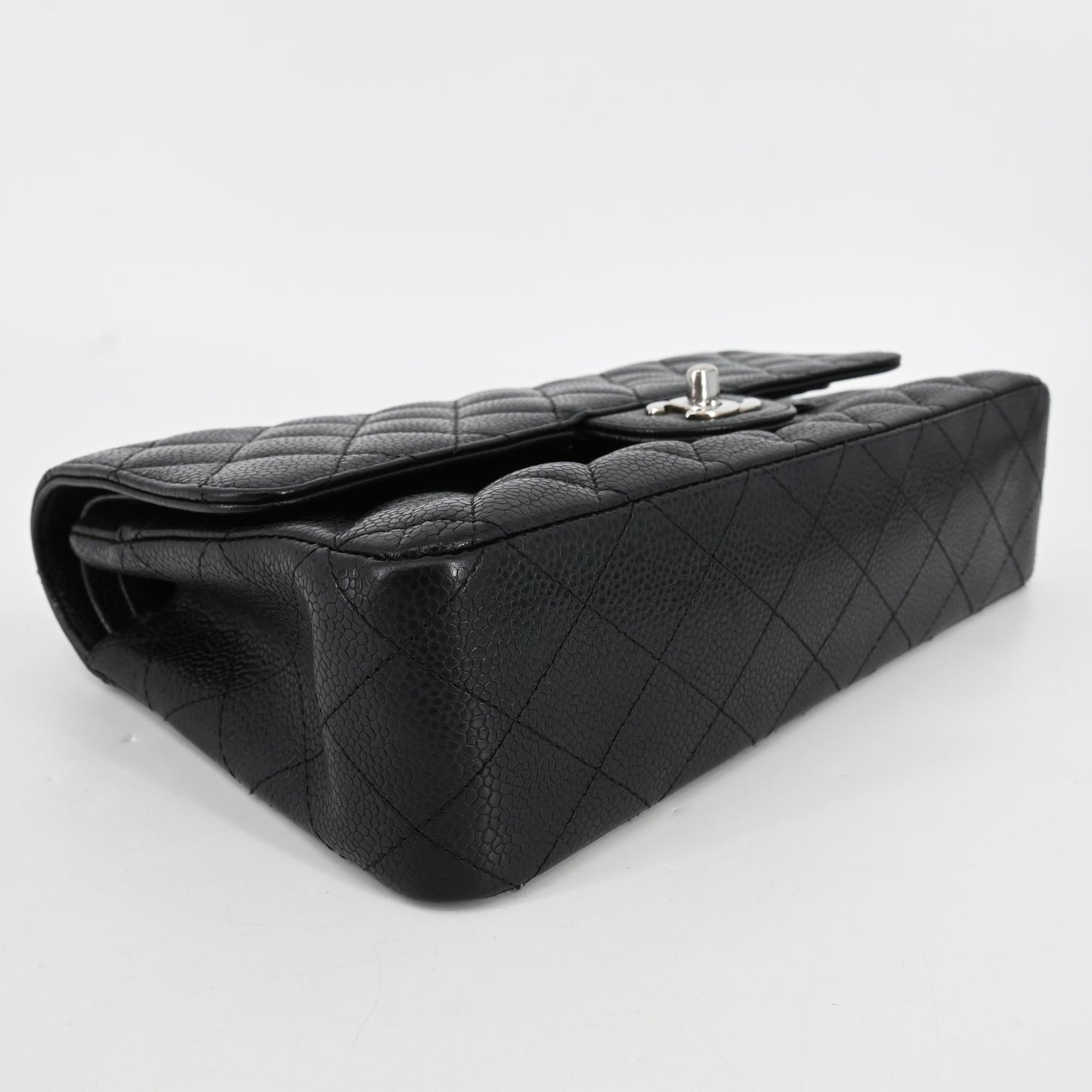 Caviar skin, matelassé, double flap, double chain shoulder bag, silver hardware, 13th series