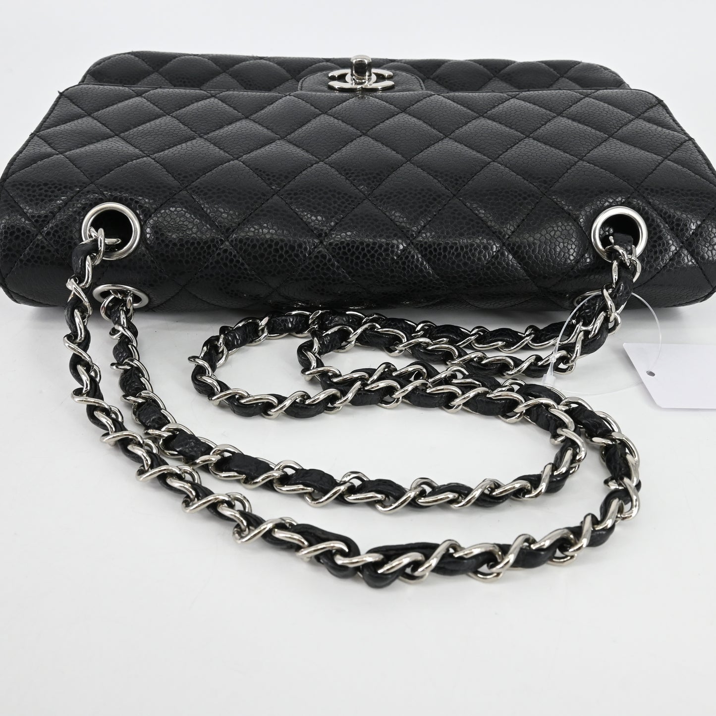 Caviar skin, matelassé, double flap, double chain shoulder bag, silver hardware, 13th series