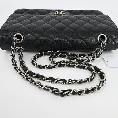 Caviar skin, matelassé, double flap, double chain shoulder bag, silver hardware, 13th series