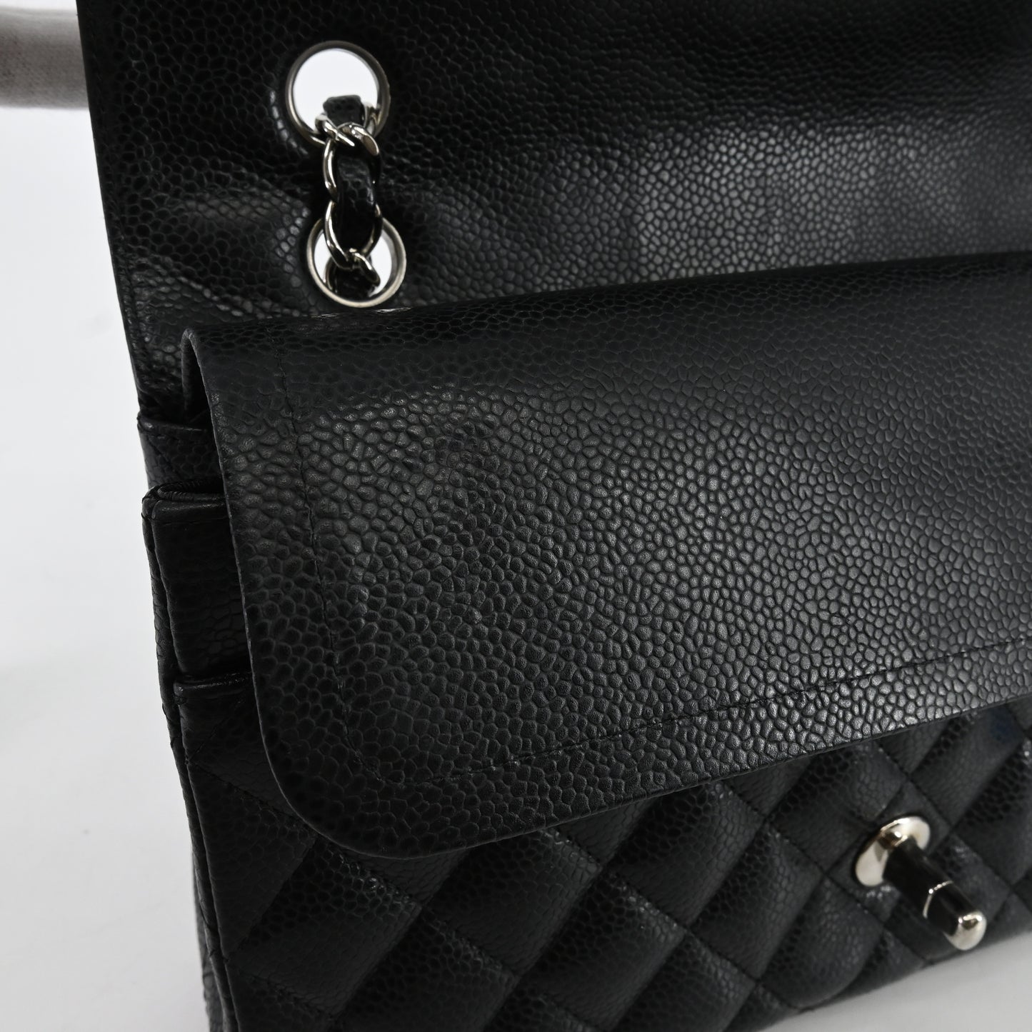 Caviar skin, matelassé, double flap, double chain shoulder bag, silver hardware, 13th series