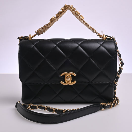 Lambskin Matelasse Coco Mark 2WAY Chain Shoulder Bag Black G Metal Fittings Random Number