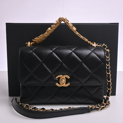 Lambskin Matelasse Coco Mark 2WAY Chain Shoulder Bag Black G Metal Fittings Random Number